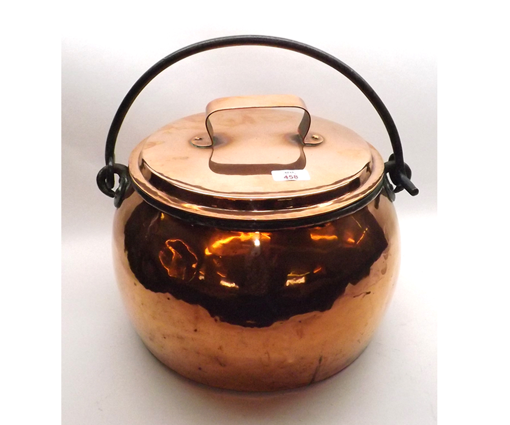 A large 19th Century Copper Cauldron with looped Iron handle and pull-off lid, 18? diameter