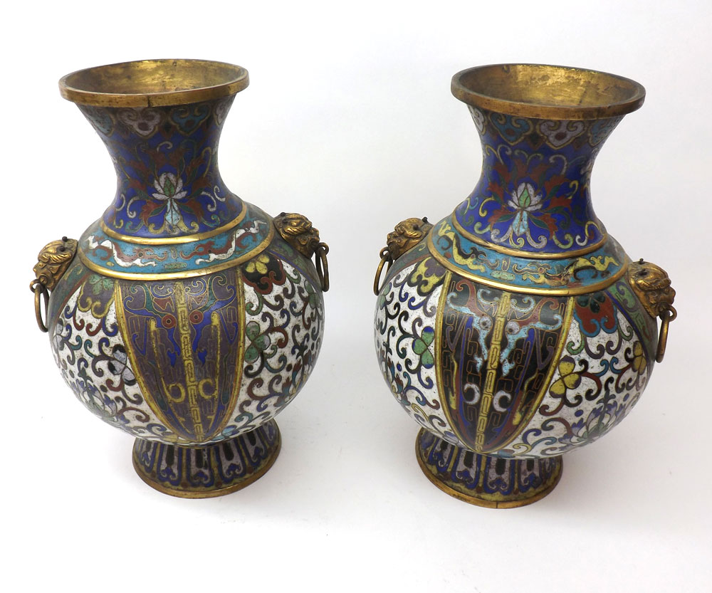 A pair of 1`9th Century Cloisonné decorative baluster Vases, applied on either side with temple dog