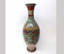 A Cloisonné baluster Vase decorated in colours with geometric designs and foliage, on an iron red