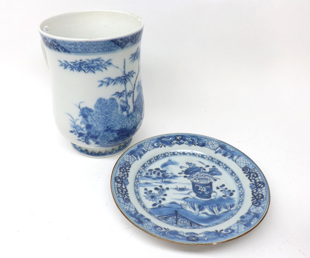 A Chinese Tankard painted in under glazed blue with panel of butterflies and flowering foliage