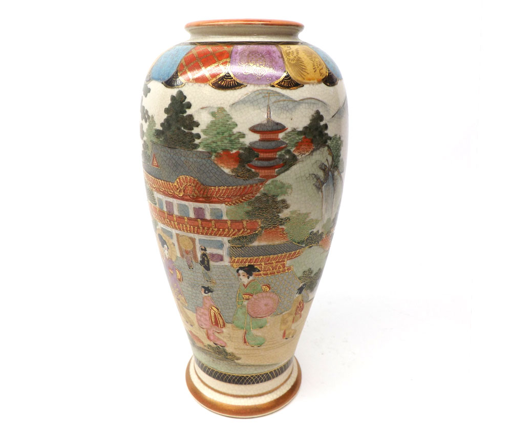 A Satsuma baluster Vase painted in typical colours with village and Chinese river scene with