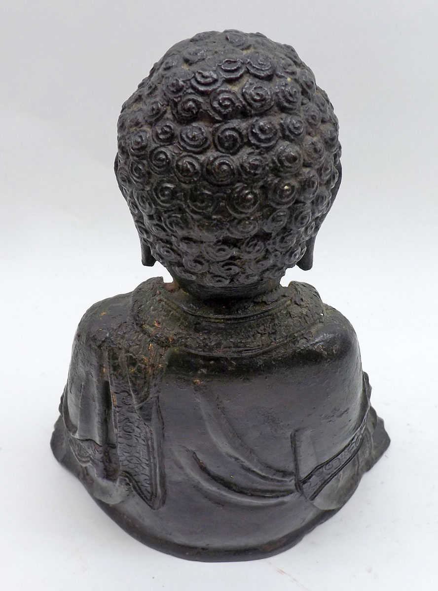 A Tibetan painted Bronze figure of a seated Buddha, his chest applied with a gilt metal plaque with - Image 4 of 7