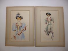 A pair of Edwardian watercolours depicting fashionable ladies, 1 depicted cycling the other with