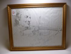 A pencil sketch depicting French Jazz Violinist Stephane Grappelli (1908-1997), signed and