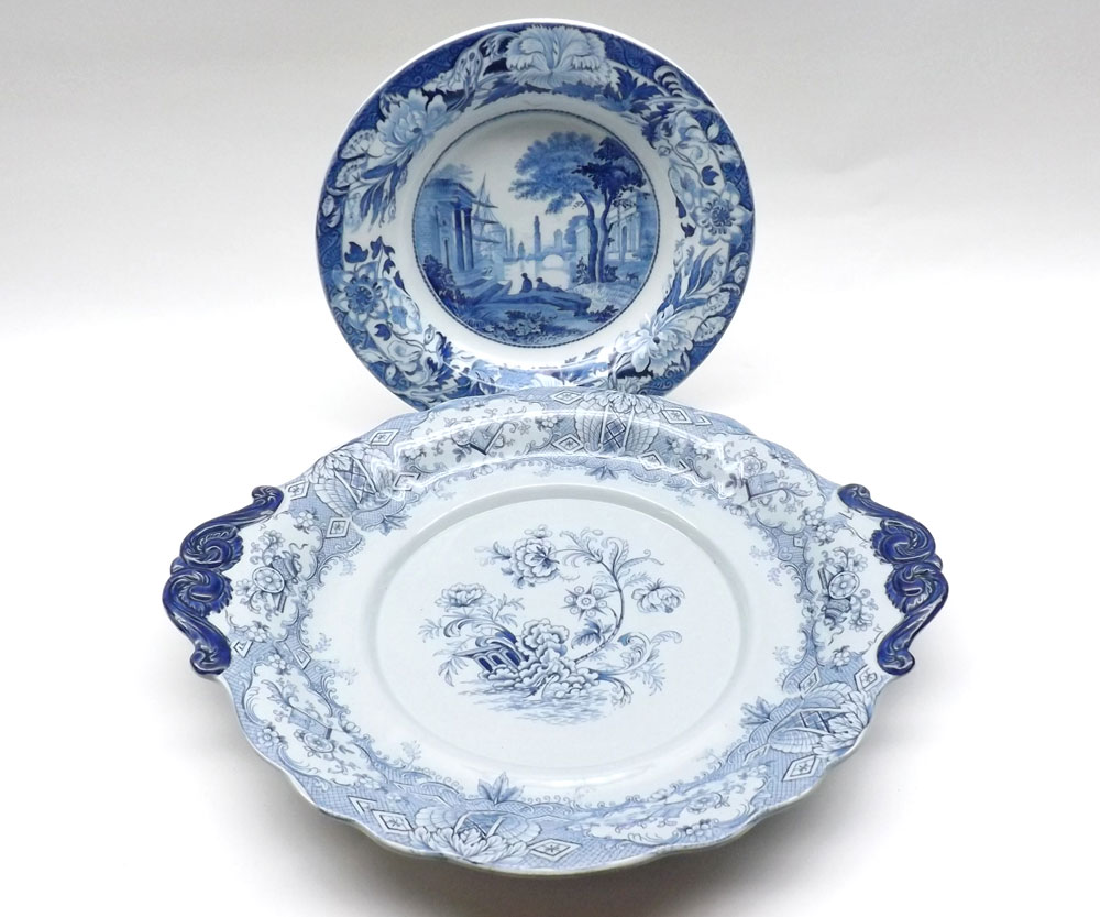 A 19th Century Blue and White Double-Handled Tureen Stand with floral decoration, marked to the