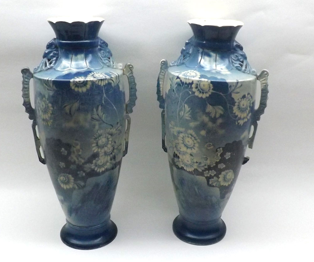 A pair of late 19th/early 20th Century Japanese Blue and White Double-handled Vases of tapering