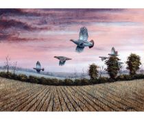 MARK CHESTER (CONTEMPORARY, BRITISH)  ?Over the Stubble ? English Partridges?  acrylic, signed