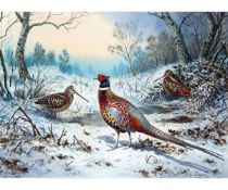 CARL DONNER (CONTEMPORARY, BRITISH)  Pheasant and Woodcock in Snow  watercolour, signed lower right
