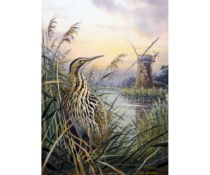 CARL DONNER (CONTEMPORARY, BRITISH)  Bittern in Norfolk Landscape  watercolour, signed lower right