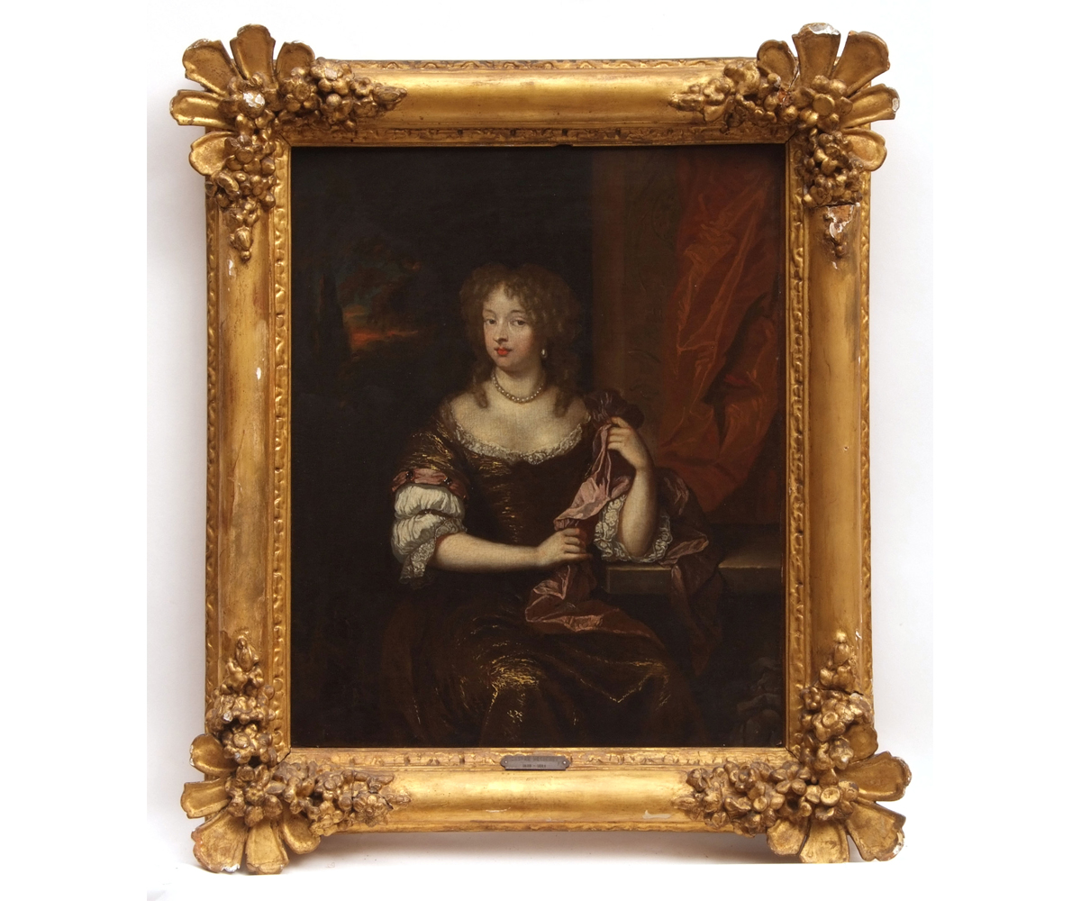 ATTRIBUTED TO CASPAR NETSCHER (1639-1688, DUTCH) Seated Lady in Dress ? possibly Nell Gwynn