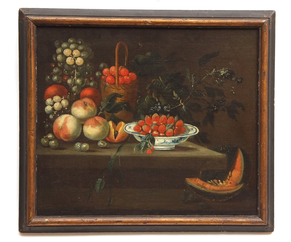 FOLLOWER OF SIMONE DEL TINTORE (1630-1708, ITALIAN) Still Life of Mixed Fruit on a Table Ledge oil