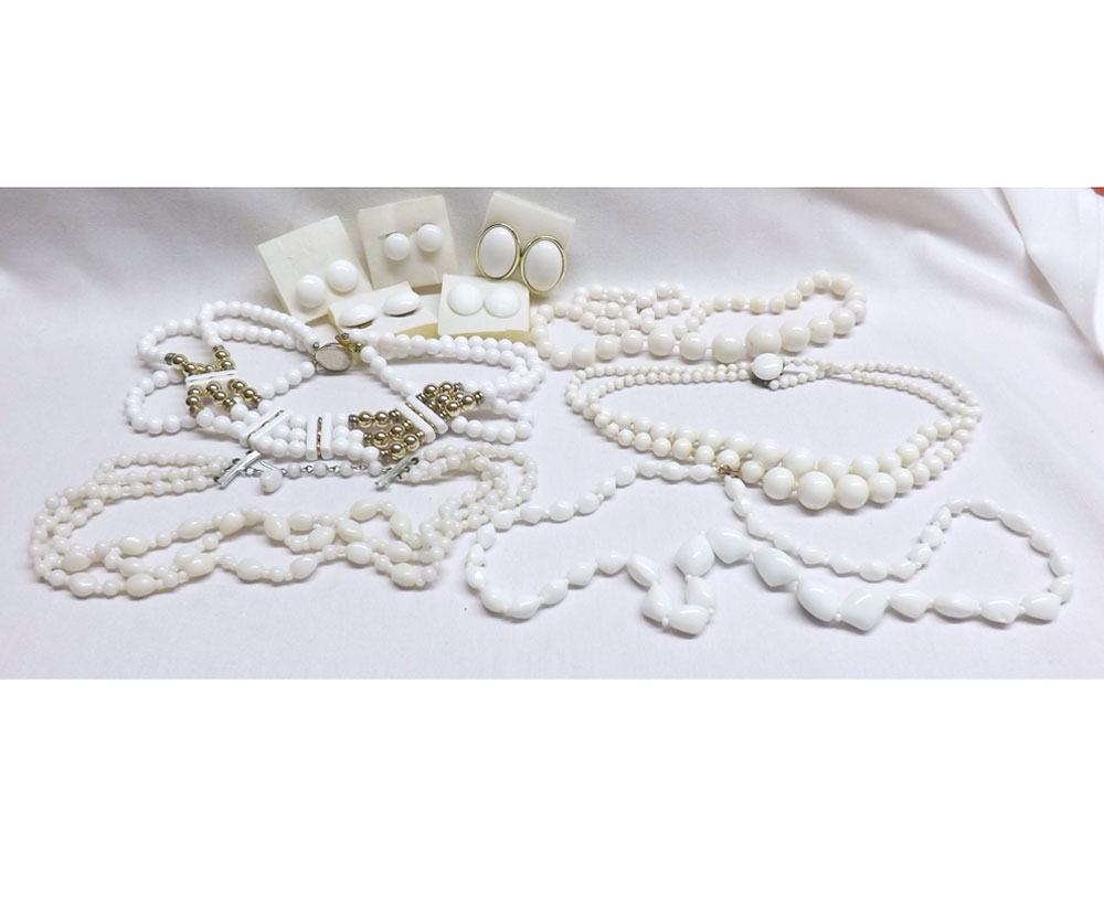 A Packet of assorted White Bead Costume Necklaces plus Earrings