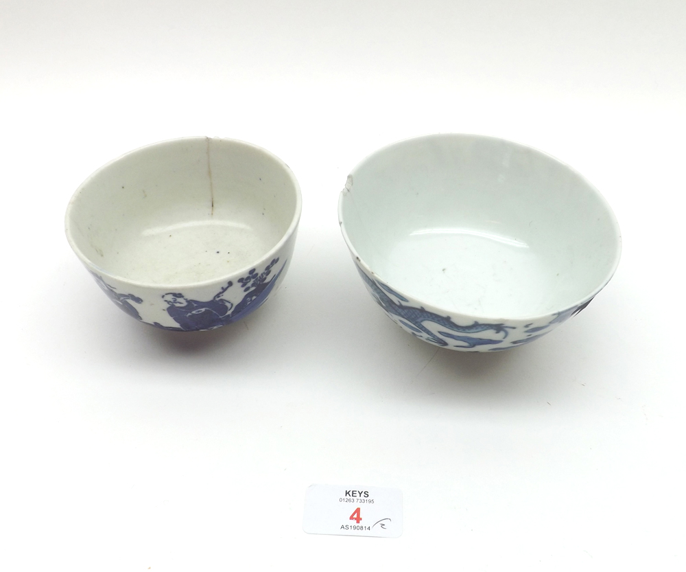 Two Chinese Circular Bowls, one painted in underglaze blue with dragons and smoke clouds, the other