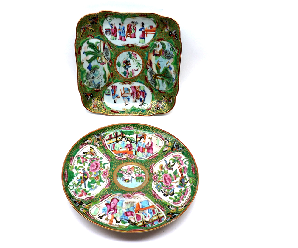 A Canton Famille Rose square Dish, painted in colours with panels of interior and Chinese River