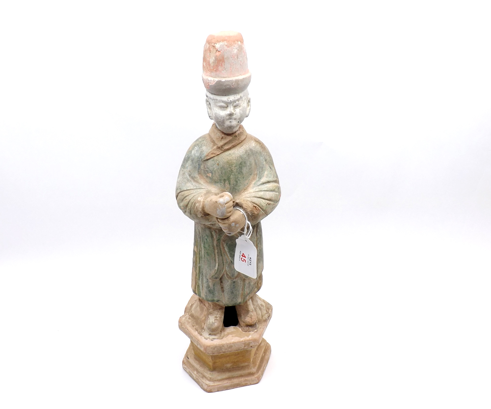 A Chinese Pottery Figure of a Workman, (repaired and rim chips, etc), 16? high