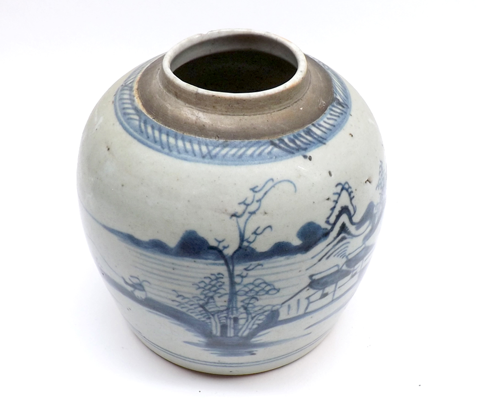 A Chinese Ginger Jar, decorated in underglaze blue with a river scene (cover missing), 6 ½? high