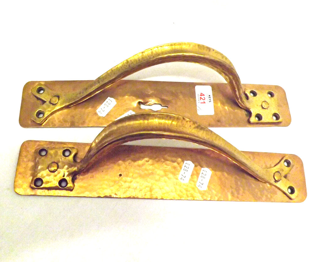 Two Arts & Crafts style Copper and Brass Mounted Large Door Handles, each approximately 12 ¾? long