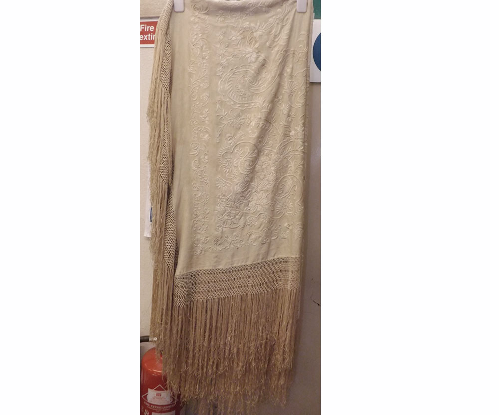 A 1920s Embroidered Ivory Silk Piano Shawl with long tassel fringing