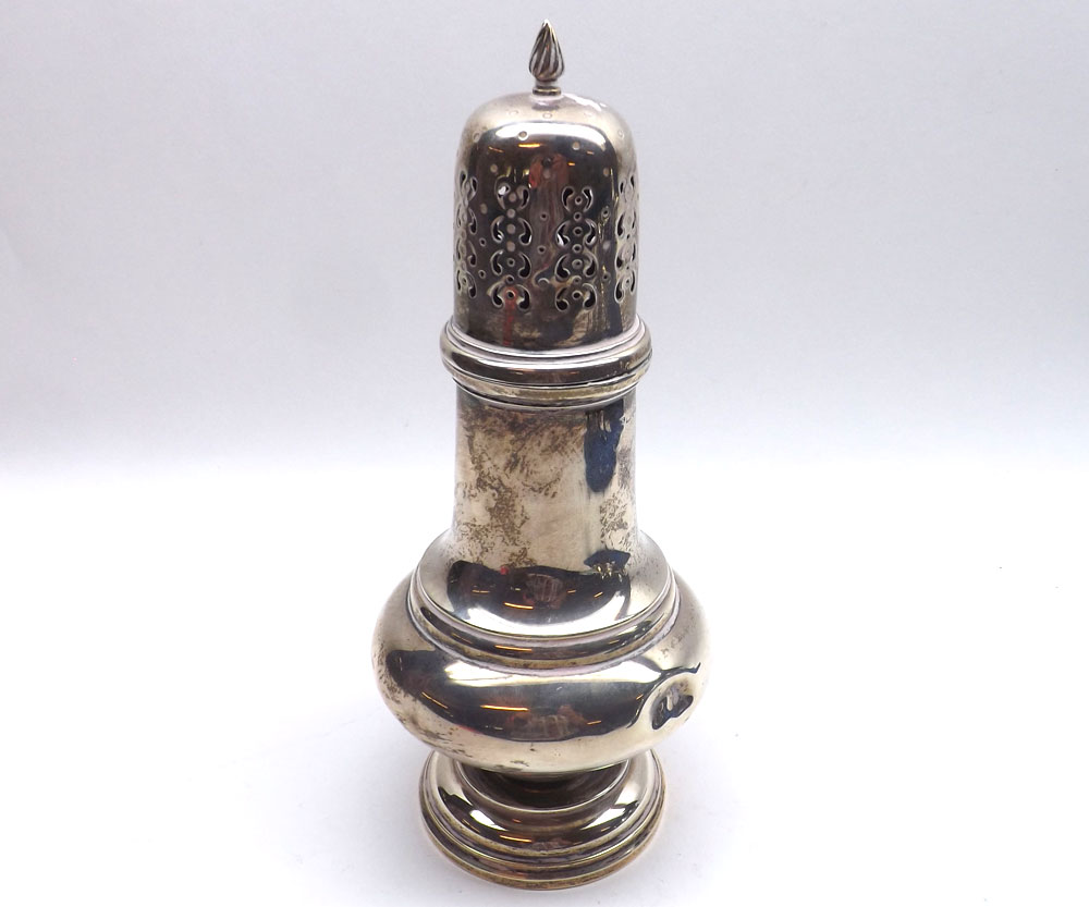 An Edward VII large Silver Sugar Caster of typical baluster form with pull-off pierced lid with