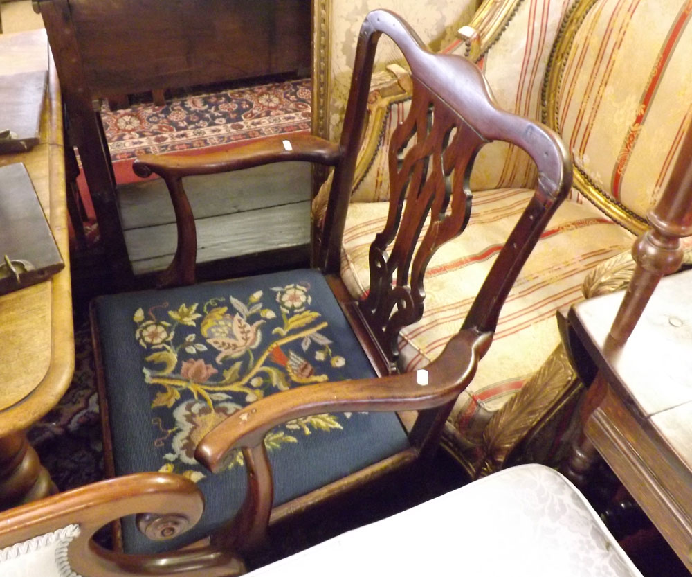 A Mahogany Chippendale style Carver Chair with pierced splat back, splayed arms, all upholstered