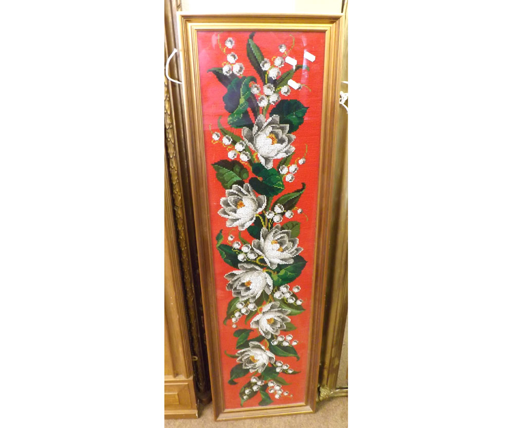 A Framed 20th Century Tapestry and Beadwork Rectangular Floral Picture, in a modern gilt finish