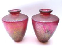 A pair of Royal Brierley Studio Glass Iridescent Vases of tapering circular form, decorated in
