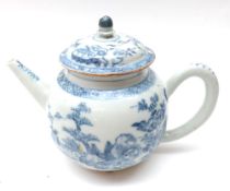A Chinese Export Small Globular Teapot, decorated in underglaze blue with pagodas and foliage (