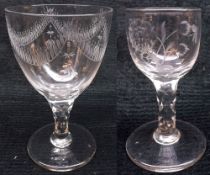 An 18th Century Large Wine Glass engraved with garland swags and with facetted bowl and stem,
