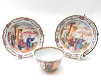 A Chinese Export Triple of Tea Bowl and Saucer and further Saucer, the centres all painted in