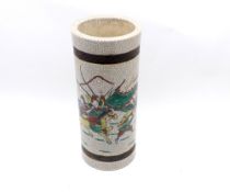 A Chinese Crackle Glaze Cylinder Vase, decorated in famille verte and iron red with warrior
