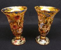 A pair of Continental Painted Amber Glass Trumpet Vases, decorated with stylised bird and foliage