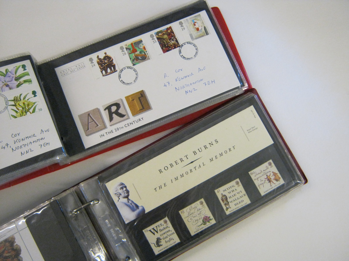 Small Box: two Albums GB FDC + a few Presentation Packs and Stamps + a few foreign covers