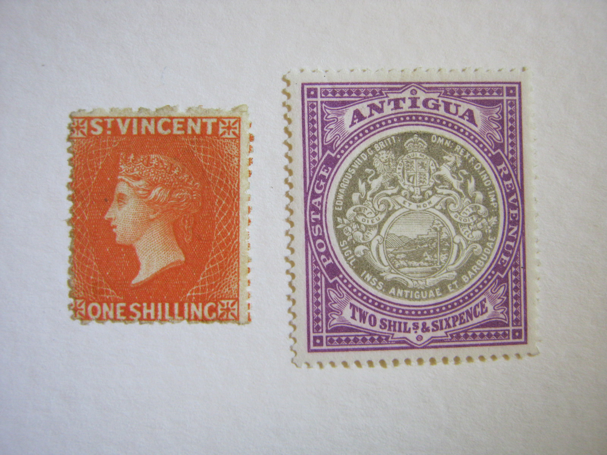 St Vincent 1875-78 One Shilling mounted mint, SG24 + Antigua 1903-09 2/6 mounted mint, SG39