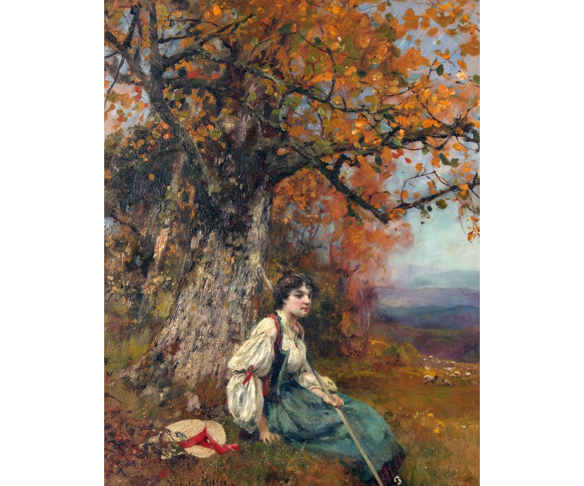 HENRY JOHN YEEND KING, (1855-1924, BRITISH) Young Shepherdess resting beneath a tree  oil on board,