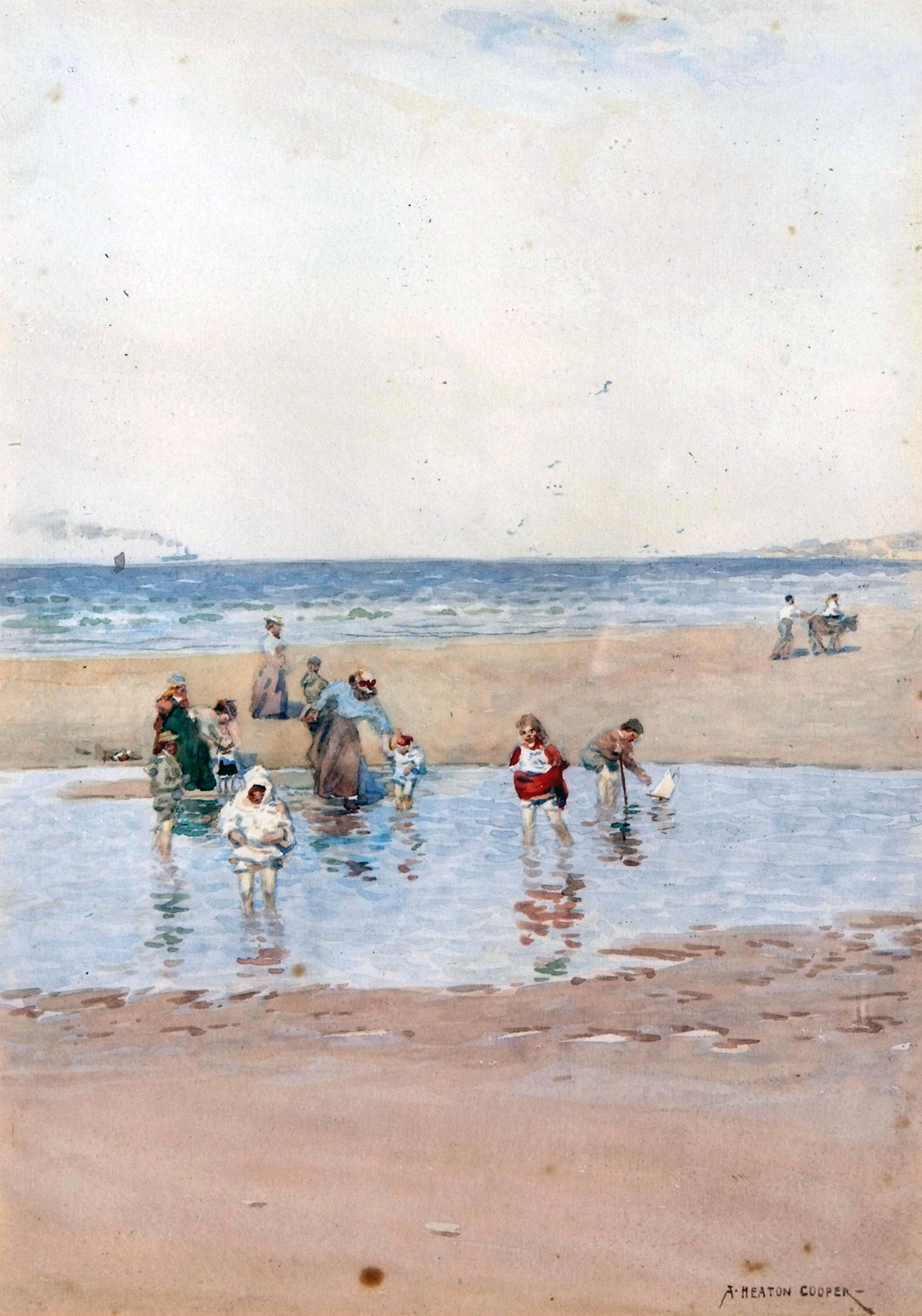 ALFRED HEATON COOPER, (1864-1929, BRITISH) Summer Beach Scene with Children Paddling watercolour,