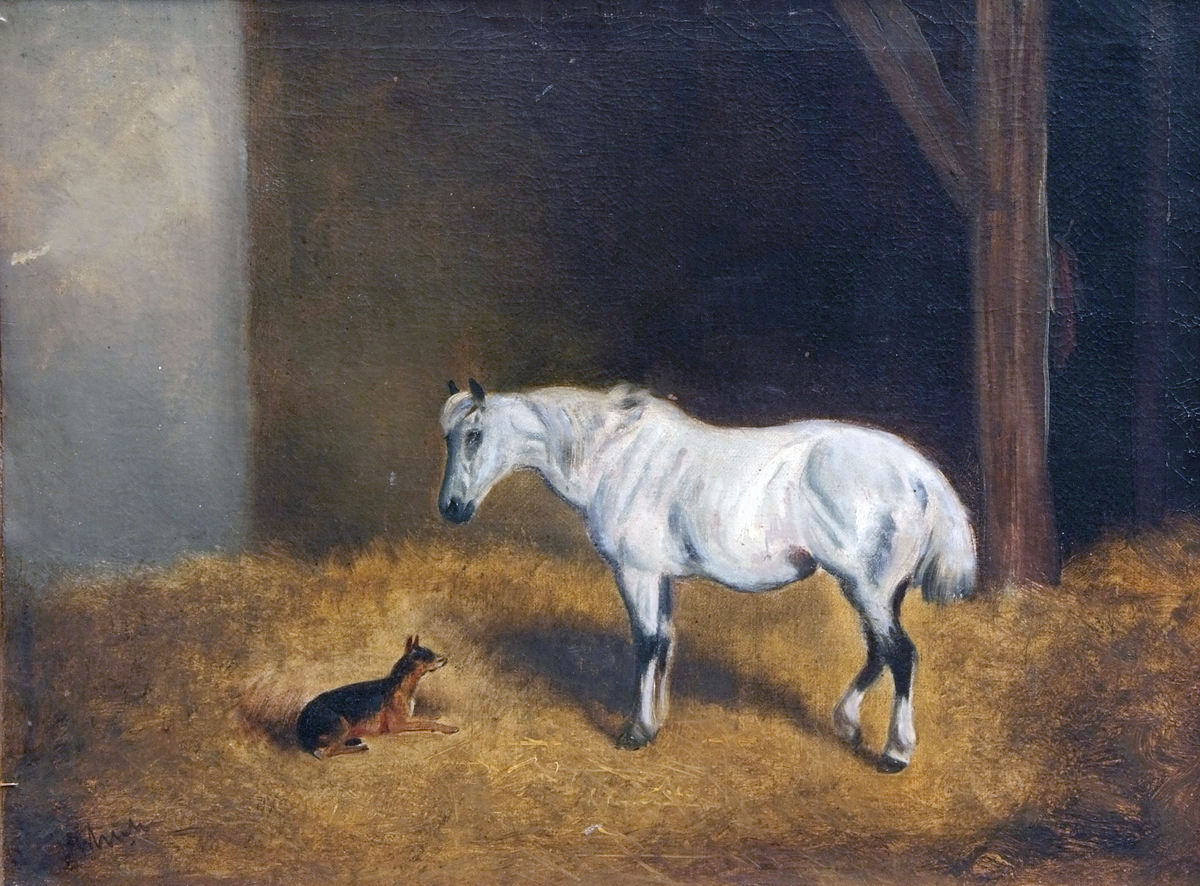 J WHEELER ?  (19TH CENTURY, BRITISH) White Horse and Dog in Stable Interior oil on canvas,