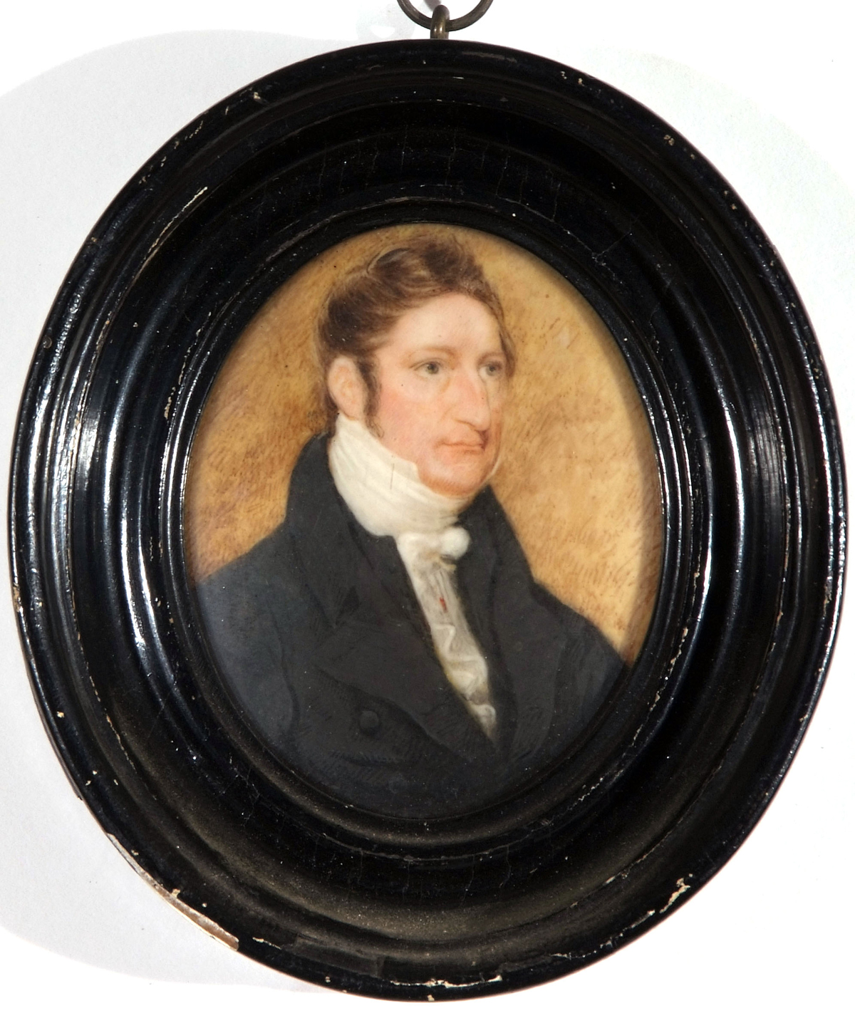 ENGLISH SCHOOL, (19TH CENTURY) Portrait of a Gent wearing Black Jacket  oil miniature  3 x 2½ins