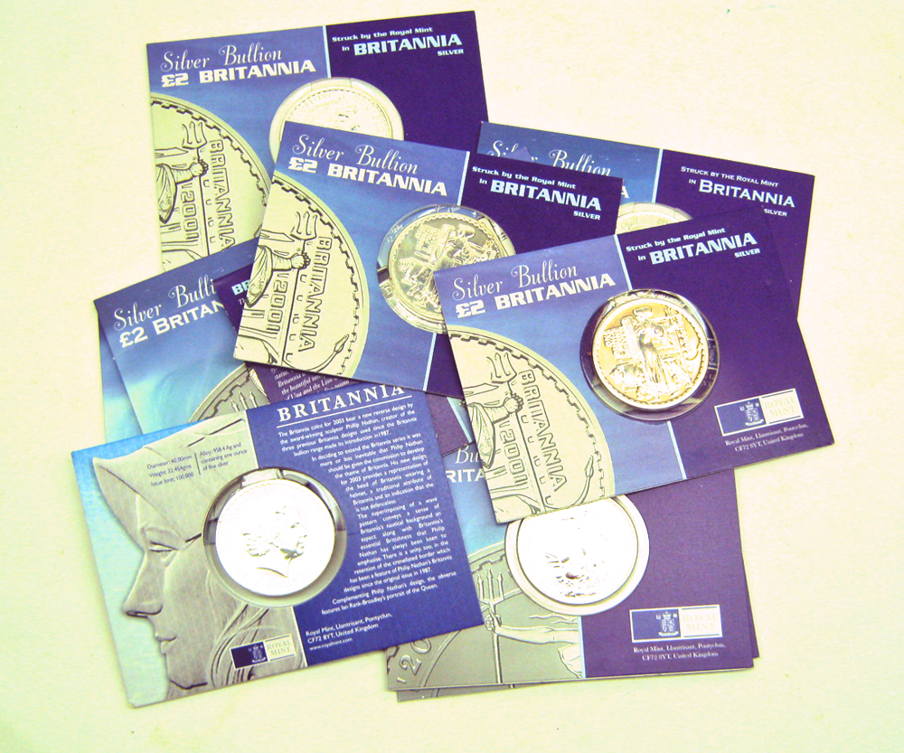 GB Two Pounds Silver Britannia 2000 (5), 2001 (4), 2003, uncirculated, all in blister packs, (10)