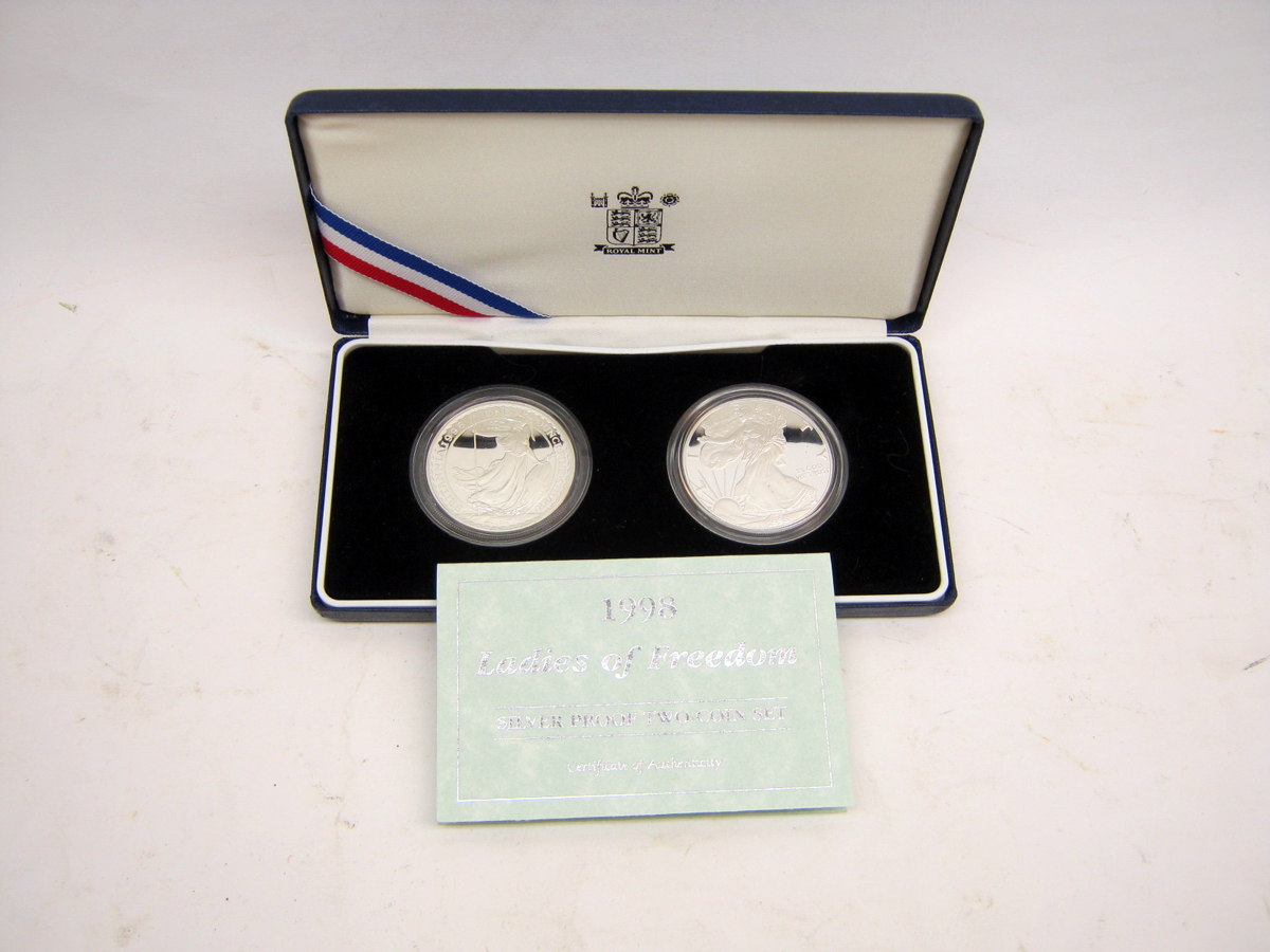 GB/USA 1998 Ladies of Freedom Silver Proof two Coin Set, Cased with Certificate