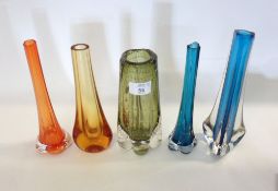 A group of five 20th Century Art Glass Stem Vases, Whitefriars style, one with ground pontil mark