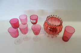 A Mixed Lot of Victorian Cranberry Glass Wares, comprising: a Squat Bulbous Vase with clear glass