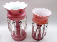 A Mixed Lot: two pink Opaque Glass Lustre Vases with clear prismatic drops, largest 13? high (2)