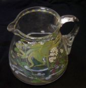 An unusual Clear Glass Jug, decorated with coloured painted design of a water nymph, ground pontil