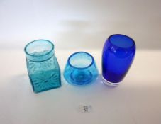 A Mixed Lot of three Blue Art Glass Vases, includes a square example with raised floral detail, one
