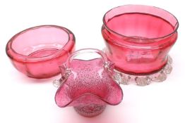 A Mixed Lot of Cranberry Glass Wares comprising: a round shallow Vase with clear glass foot (