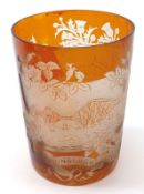 A late 19th Century Etched Amber Glass Beaker, decorated with a design for Edinburgh International