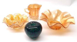 A Mixed Lot: two frilled Carnival Glass Dishes; a further Carnival Glass Jug and a Wedgwood Apple-