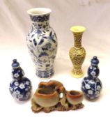 A Mixed Lot of Oriental Wares, includes a Trumpet Vase, decorated in underglaze blue with birds