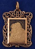 A high grade yellow metal St Christopher of shaped rectangular form with pierced edge and engraved