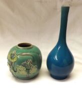 An Oriental Blue Glazed Spill Vase and a further Oriental Ginger Jar, moulded in the majolica manner